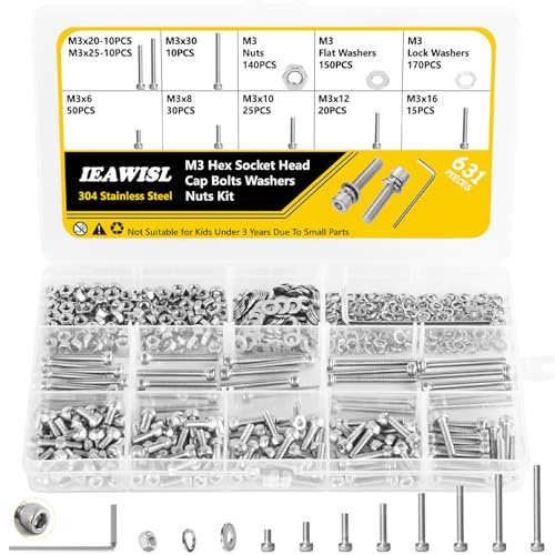 631 Stück M3 Schrauben Set, 304 Edelstahl Innensechskant Zylinderschrauben mit Muttern und Unterlegscheiben Sortiment, Metrische Gewindeschrauben Kit für 3D-Drucker, Modellbau, Reparaturen