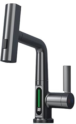 MWYDVHYOT Kalt- und Warmwasserhahn, Wasserfall, Abwasser, intelligente Digitale Anzeige, ziehen Sie den Wasserhahn, drehbarer Hebe-Wasserhahn, Waschbecken-Wasserhahn(Gris)