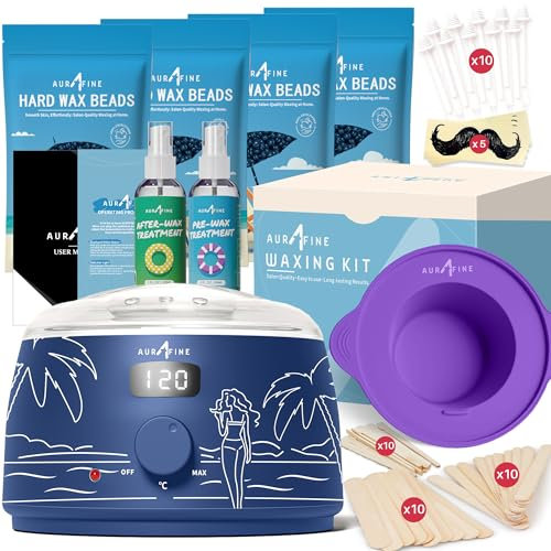 AURAFINE Cera Brasiliana Kit - 4 Sacchetti di Perle di Cera, 30 Bastoncini Applicatori, Olio Pre e Post Ceretta - Cera Brasiliana su Tutto il Corpo - Qualità da Salone a Casa