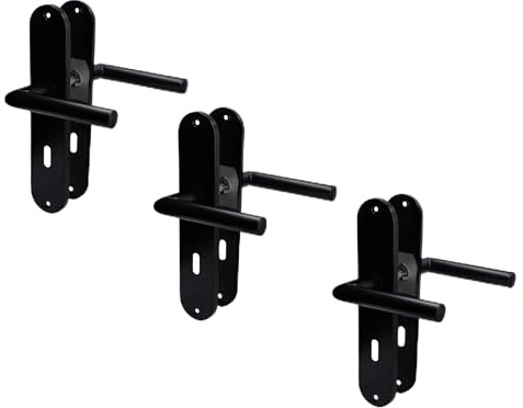 Alpertec Renovierungsgarnitur Türbeschlag, Langschild im 3er Set, Edelstahl schwarz für 3 Zimmertüren mit Buntbartlochung, Türklinke, Türgriff