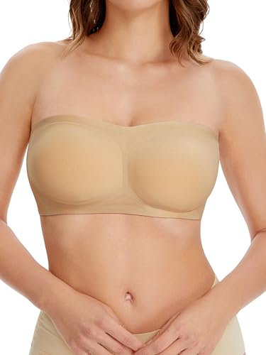 HBselect Women's Wireless Strapless Bras Seamless Bandeau Bra Padded Anti-Slip Tube Bra Sports Yoga Push Up Bralette Beige