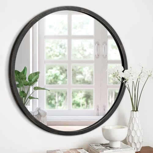 JJUUYOU Rustic Circle Mirror Wall Mounted Black Round Wood Frame Mirrors for Bathroom Living Room Bedroom,Black