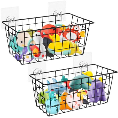 YEXEXINM Lot de 2 organiseurs de rangement en métal pour jouets de bain, paniers de douche en maille à suspendre avec crochets adhésifs pour baignoire, grand support de jouets de bain pour ranger les