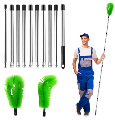 Gutter Cleaning Tools, 12.8Ft Telescopic Gutter Cleaner with 10 Extendable Poles, Portable Roof Gutter Cleaning Brush for Cleaning Leaves Debris Window Gutter (Green 12.8ft)