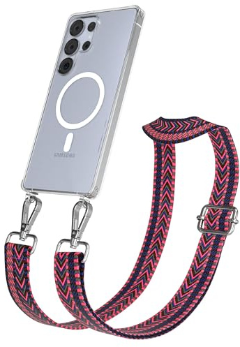 EAZY CASE Handykette - Verstellbares Taschenband kompatibel mit Galaxy S25 Ultra, Schulterriemen, Handykordel mit Silikon Hülle, Qi Charging kompatibel, Umhängetasche, Pink Blau Silber