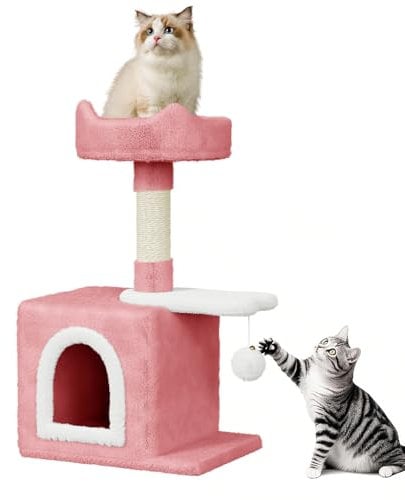 Dogat 28 inch Small Cat Tree, Multi-Level Stable Cat Tower with Sisal Scratching Posts, Dangling Ball Toy, Cozy Condo & Perch, Indoor Cat Furniture for Playing, Climbing and Relaxation, Pink