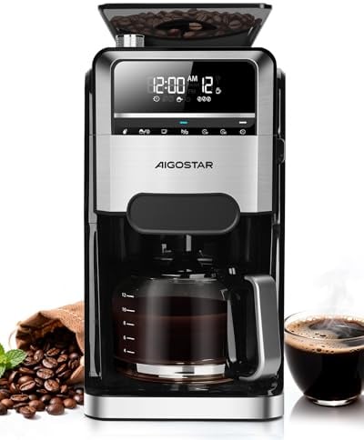 Aigostar Cafetiere a Grain Avec Broyeur Intégré, 7 Moutures, 3 Intensités