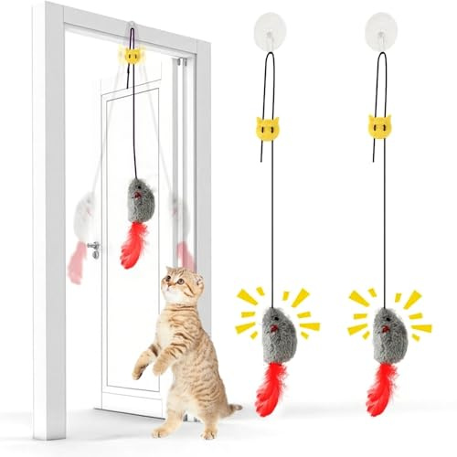 AURIVEE Katzenspielzeug 2 Stück, Hängendes Feder-Spielzeug für Türrahmen, Quietschmaus mit Federschwanz, Batterieloses Interaktives Spielzeug für Katzen