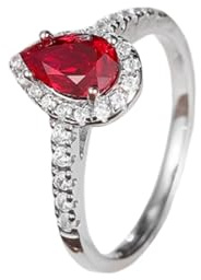 Ring Damen Weißgold 9K, Ringe Damen Dünn Eleganter 3-Zackiger Laborrubin im Wassertropfen-Design, 1,2 Ct, mit Rundem Moissanit Größe 52 (16.6)