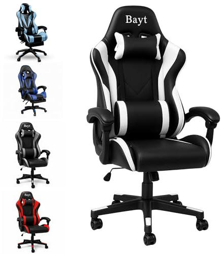 Bayt Gaming Stuhl mit Fußstütze, Kunstleder, verstellbar, Schwarz-Weiß | Bürostuhl und Schreibtischstuhl mit hoher Rückenlehne, Nackenkissen, verstellbare Armlehnen, 360 Grad drehbar, für Homeoffice