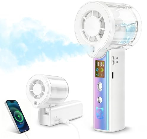 Ventilador Portátil de Mano con Nebulización, Mini Ventilador Recargable 3000mAh, 100 Velocidades Ajustables y Motor de 16000 RPM, Pantalla LED y Cordón, para Viajes, Camping, Maquillaje (blanco)