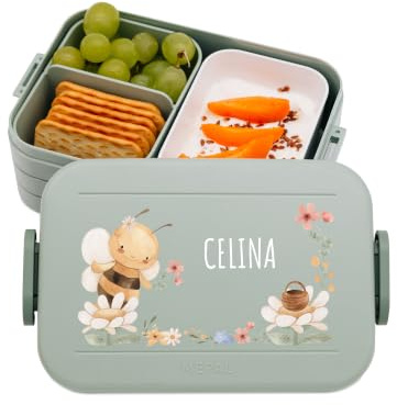 Bärenfreunde MEPAL Brotdose Spülmaschinenfest Kinder, Lunchbox mit Einsatz für perfekte Ordnung, Spülmaschine, Mikrowellengeeignet, personalisiert mit niedlichem Motiv (Biene, grün)