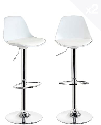 KAYELLES Lot de 2 tabourets de Bar Design Coussin Simili Cuir rembourré, Repose Pieds, réglable en Hauteur et pivotant 360° Pied Chrome SIG (Blanc)