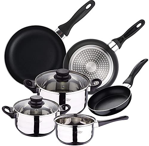 San Ignacio PK329 Set Juego de Tres sartenes + Batería de Cocina 5 Piezas, Cromado
