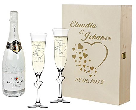 polar-effekt 2 weiße Sektgläser mit Sekt-Flasche in Geschenkbox - Personalisiert mit Gravur - Hochzeit Geschenkidee Sektglas-Set - Motiv Herzen