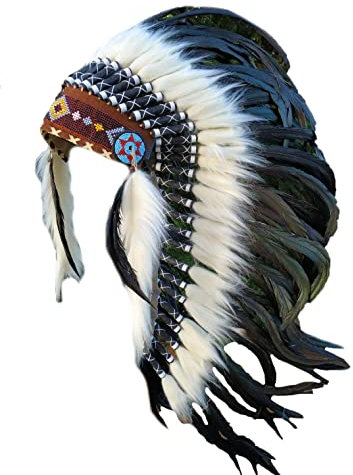 KARMABCN Y23 Indian Hat, Panache, Feather Headdress Black and Orange with Black Hair
