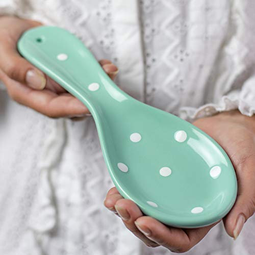 City to Cottage Spoon Rest for Stove Top, Large Ceramic Spoon Holder for Kitchen Counter, Cooking Utensil Rest for Countertop, Handcrafted Turquoise Blue Polka Dot Spoon Rest for Ladle, Spatula, Tong