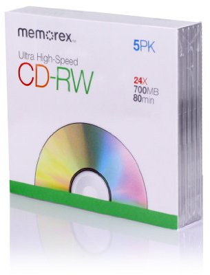 CD-RW Discs, 700MB/80min, 24x, w/Slim Jewel Cases, Silver, 5/Pack