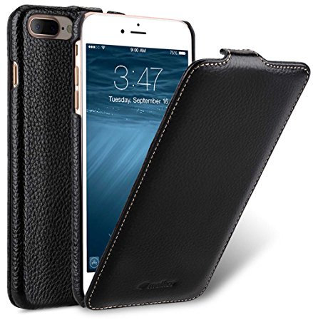 MELCKO Tasche passend für Apple iPhone 8 Plus und 7 Plus (5.5 Zoll), Case Außenseite aus beschichtetem Leder, Schutz-Hülle klappbar, Flip-Case, Etui, Ultra-Slim Cover, Schwarz