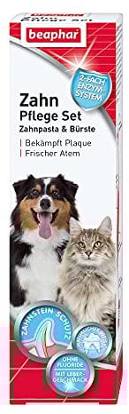 BEAPHAR - Zahnpflege Set Für Hunde Und Katzen - Doppelkopfzahnbürste Und Zahnpasta - Bekämpft Plaque Und Zahnstein - Mit Leber-Geschmack - Ohne Fluoride - Set mit 1 Zahnbürste + 100 g Zahnpasta