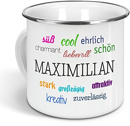 printplanet - Emaille-Tasse mit Namen Maximilian - Metallbecher mit Design Positive Eigenschaften - Nostalgie-Becher, Camping-Tasse, Blechtasse, Farbe Silber, 300ml
