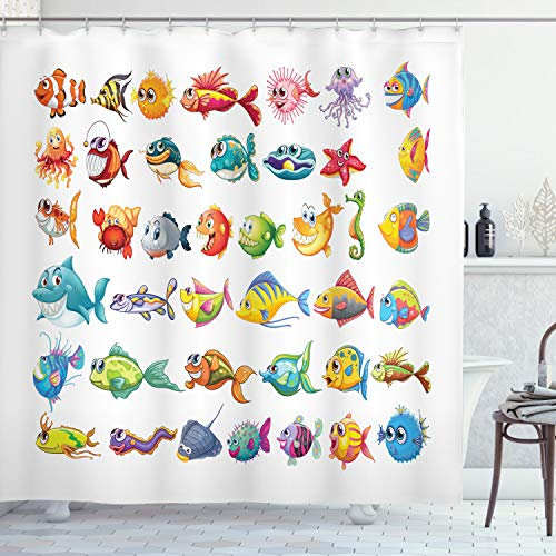 ABAKUHAUS Fisch Duschvorhang, Happy Fish Zusammenfassung, Stoffliches Gewebe Badezimmerdekorationsset mit Haken, 175 x 180 cm, Gelb Grün