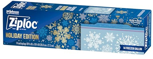 Ziploc Gallon Food Storage Freezer Bags, Grip 'n Seal Technology for Easier Grip, Open, and Close, 14 Count, Holiday Designs