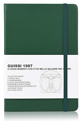 Guissi Klassisches Notizbuch mit Punktraster und festem Einband, A5, dickes, säurefreies Papier mit Innentasche, Leder, Büro, Schulbedarf, 144 Seiten