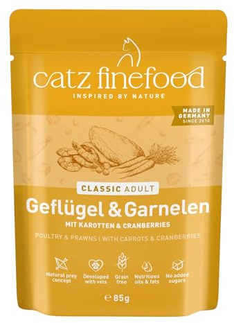 catz finefood N° 17 Geflügel & Garnele Feinkost Katzenfutter nass, verfeinert mit Karotte & Cranberry, 16 x 85g Beutel