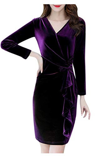 Susenstone Robe De Soiree Chic Femme Hiver Chaud Velours Sexy Col V Manche Longue Taille Haute Mode Pas Cher Robe De Cocktail Midi Dress (XL(EU40), Violet)