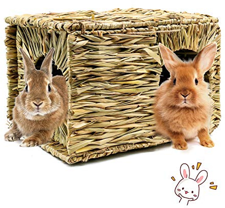 BWOGUE Extra Large Grass House for Rabbits,Hand Crafted Natural Grass Hideaway Foldable Bed Hut with Openings Playhouse for Bunny Guinea Pig Chinchilla Ferret for Play and Sleep
