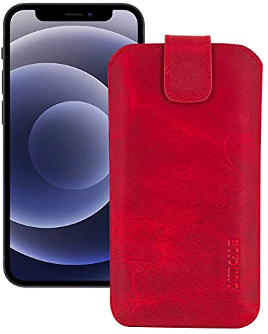 Suncase ECHT Leder Tasche kompatibel mit iPhone 12 (6.1) mit ZUSÄTZLICHER Transparent Hülle | Schale | Silikon Bumper Handytasche (mit Rückzugsfunktion und Magnetverschluss) in antik rot