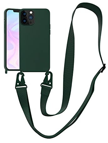 Handykette Handyhülle kompatibel mit Apple iPhone 12/iPhone 12 Pro Necklace Hülle Nylon Schultergurt Weich Silikon TPU Cover mit Kordel zum Umhängen Schutzhülle mit Stylische Band(Piniennadel grün)