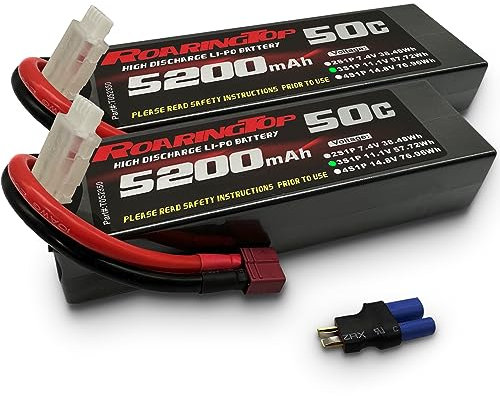 RoaringTop 11.1V 50C 5200mAh 3S(Upgraded of 7.4V) RC Lipo Battery with T and EC5 Connector Hardcase RC Battery for RC Plane DJI Quadcopter RC Airplane RC Helicopter RC Car Truck Boat (2 Packs)