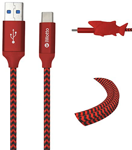 Iwotto Cable USB Tipo C 1M - Carga y Sincronización Rápida para Móvil- USB 3.0 Rojo - Nylon Duradero y Protector de Cable Tiburón Incluido - Compatible con Samsung, Xiaomi, Huawei, PS4, Xbox