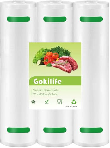 Gokilife Vacuum Sealer Bags Rolls - 3 Rolls 28 x 600 cm Sous Vide Bags, BPA Free, Durable Commercial Customized Size Food Bags for Food Storage and Sous Vide Cooking