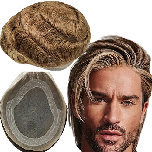 Echthaar Toupet für Männer,Yanahair Gewelltes Haar dünne französische Spitze gebleicht Knoten natürlichen Haaransatz Poly Haut Perücken Haut Haarsystem Europäische Perücke Mann(10x8,#4/27/613 blonde)