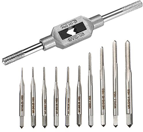 Saipor 10pcs Micro Taps Bit Small Hand Screw Thread Taps M1-M3.5 HSS Mini Metric Plug Tap Screw Tap Drill Tap Drill Set Tapping tool with Adjustable Tap Wrench 1/16-1/4''