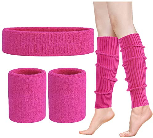 ONUPGO Beinlinge Set Damen 80er Neon Strick Beinlinge Stirnband Armbänder 1980er Jahre Workout Kostüme Zubehör für Frauen (Rose Pink)