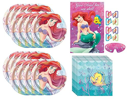 Le lot d'accessoires de fête d'anniversaire Ariel La Petite Sirène comprend 16 assiettes à déjeuner, 16 serviettes et 1 jeu de fête