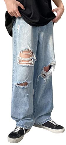 Baggy Jeans Herren Destroyed Baumwolle Straight Cut Loose Fit Casual Hip Hop Ripped Jeans Straight Leg Jeans Gewaschen Jeanshose Vintage Denim Hosen Teenager Jungen Skateboard Hose Streetwear
