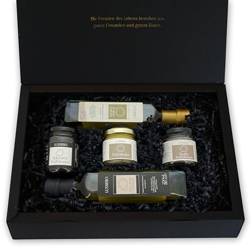 Lussiero Geschenkbox - Gemeinsam genießen - Geschenkset aus zwei Trüffelsaucen, Trüffelbutter, weißem Trüffelöl und Schwarzem Trüffelöl
