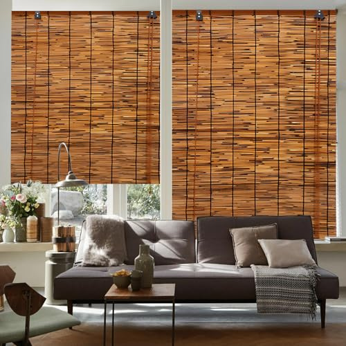 PAKNANO 2 Pack Bamboo Reed Roll-Up Blind Shades for Windows, 47 W x 71 H Bamboo Shade Outdoor Patio, Natural Reed Roller Shutters for Porch Pergola Partition Decoration Privacy Retro Curtains