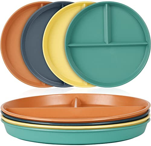 Comius Sharp 22 CM Plato Llano Dividido Irrompible, 4 Platos Llanos Redondos/Plato de Fiesta Colorido Reutilizable de 3 Compartimentos, Apto para Microondas y Lavavajillas, Platos Familiares (Marrón)