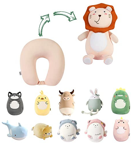 JOYRAVO Kinder Reisekissen - 2-in-1 verformbares Nackenkissen, weiches U-förmiges Kissen mit niedlichen Plüschtieren, gemütlicher Schlaf- und Spielbegleiter für Flugzeuge, Autos und Reisen - Löwe