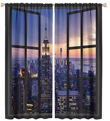 Moderne Stadtvorhänge, New York City Landschaft bei Sonnenuntergang mit Wolkenkratzern, Gebäuden, Fensterbehandlungen, Vorhänge für Wohnzimmer, Schlafzimmer, Küche, Büro, Dekoration,