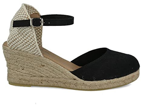 PAYMA - Sandali con Zeppa in Juta da Donna. Prodotto in Spagna in Tela. Chiusura con Fibbia alla Caviglia. Suola Interna Imbottita in Tessuto. Colore: Nero. Taglia: EU 38