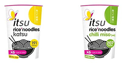 itsu Instant Rice Noodles Multipack Cup | Gluten-Free | Katsu Flavour (Pack of 6) + itsu Instant Rice Noodles Multipack Cup Gluten - Free Chilli Miso Flavour, 1 Count (Pack of 6)