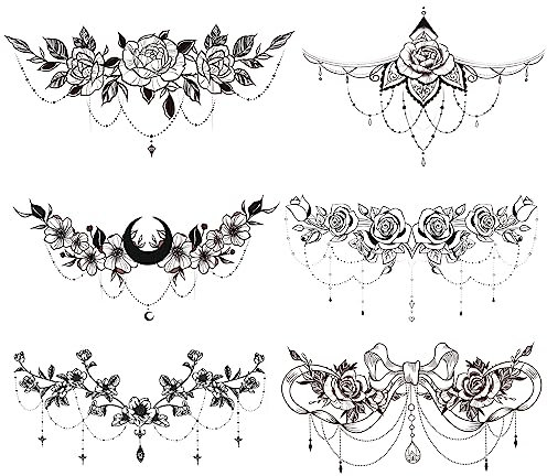 Lot de 6 feuilles de faux tatouages autocollants pour femme - Tatouages temporaires pour le corps - Pour la poitrine, la taille, le dos et le ventre - Imperméable