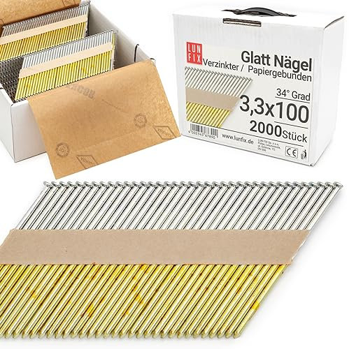 Lun Fix 34° Grad Nagel Glatt 3,3 x 100 mm | Packung 2000 Stück | D-kopf-Nägel für Akku-Nagler |Gasnagler | Papiergebunden Drahtstift | für Druckluftnagler | Extra Verzinkt